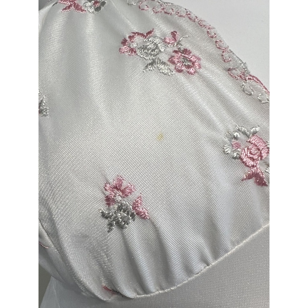 Vintage White Pink Floral Embroidered Satin Slip Dress Maxi Nightgown Size L - Picture 4 of 10